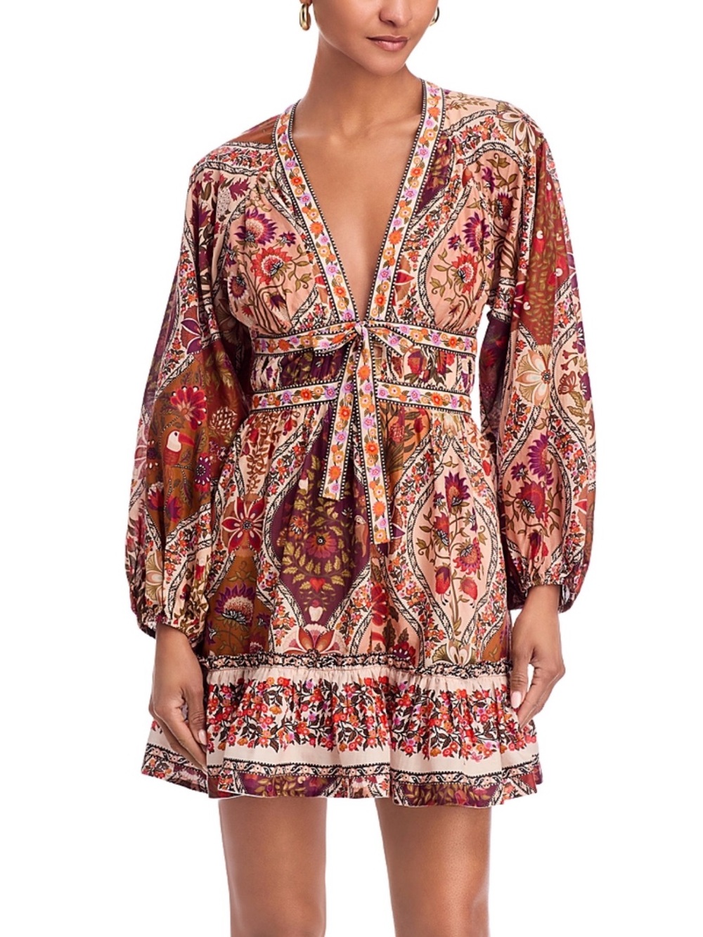 Farm Rio Romantic Nature Multicolor V-Neck Puff-Sleeve Mini Dress Sz L